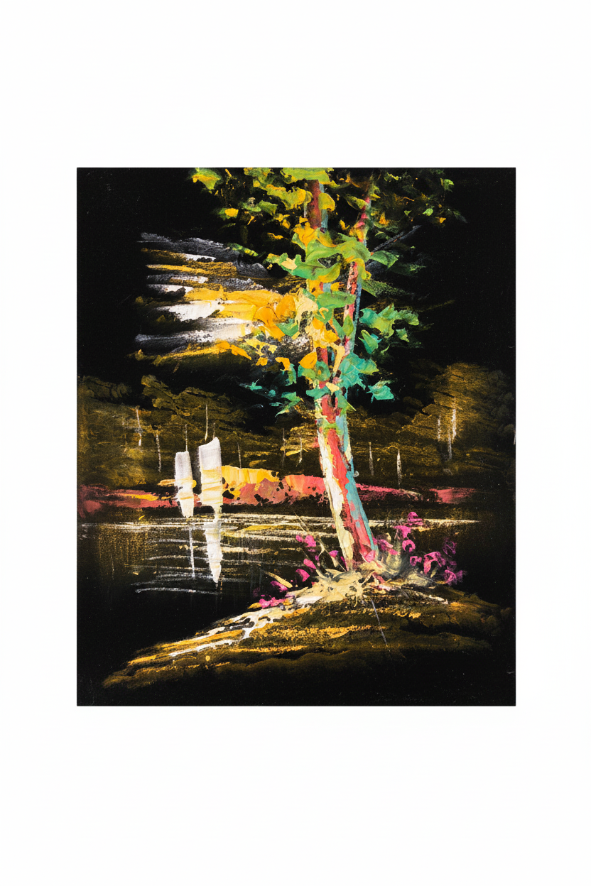 Glowing night riverside tree electric nature canvas art on white background product photo