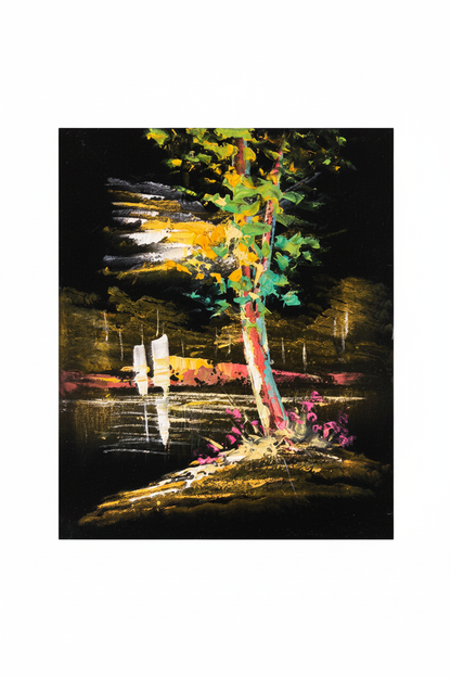 Glowing night riverside tree electric nature canvas art on white background product photo