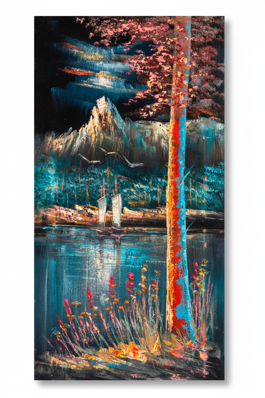 Mountain Lake with Sailboats at Night original oil painting on white background with natural shadow