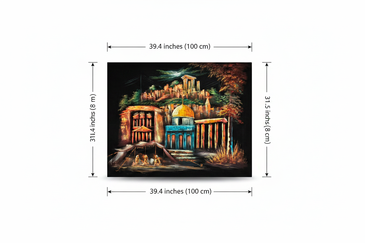 Dimension diagram for Jerusalem and Petra by Night oil painting — 39.4 inches wide by 31.5 inches tall (100cm x 80cm)