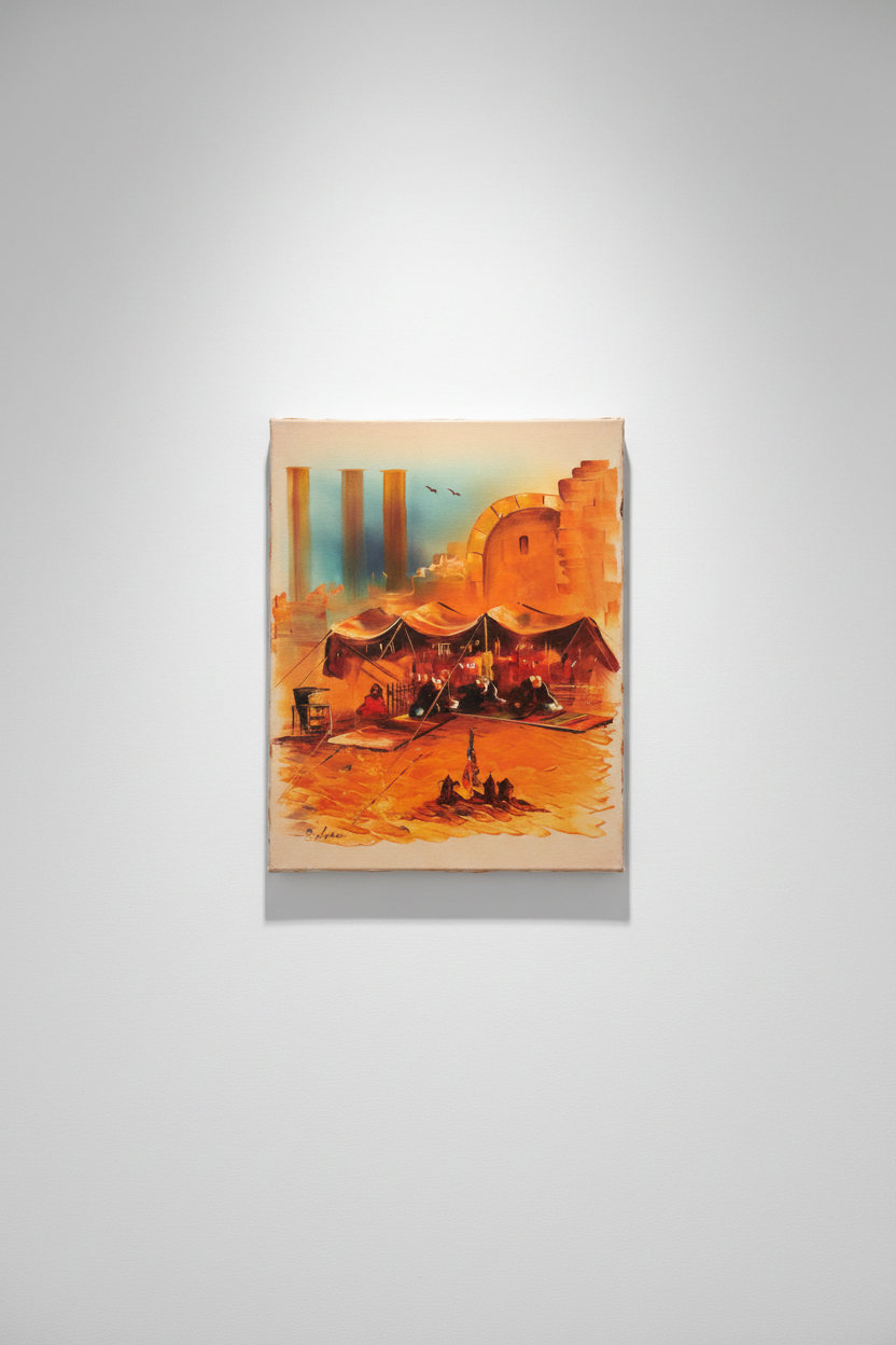 Desert encampment oil painting hung on clean empty white gallery wall, no frame, soft spotlight shadow