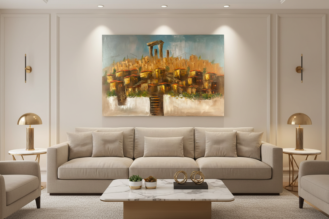 Original ancient hillside city oil painting hung unframed on feature wall in a sophisticated modern ivory leaving room at correct scale 35.43 by 23.62 inches
