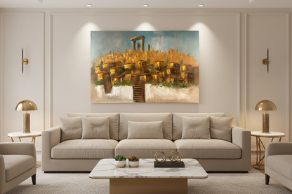 Original ancient hillside city oil painting hung unframed on feature wall in a sophisticated modern ivory leaving room at correct scale 35.43 by 23.62 inches