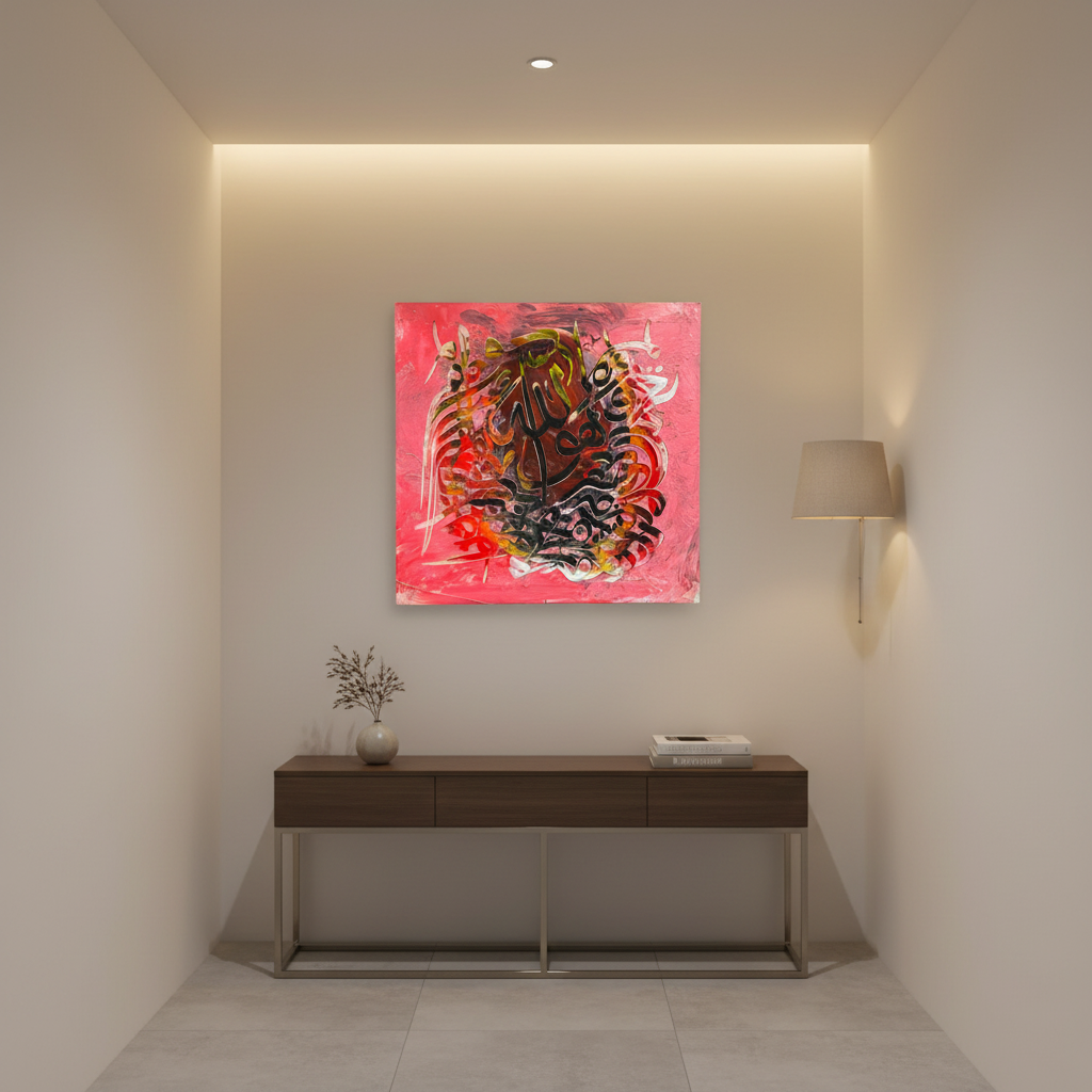 Allah hot pink red square canvas art displayed in a modern hallway, no frame