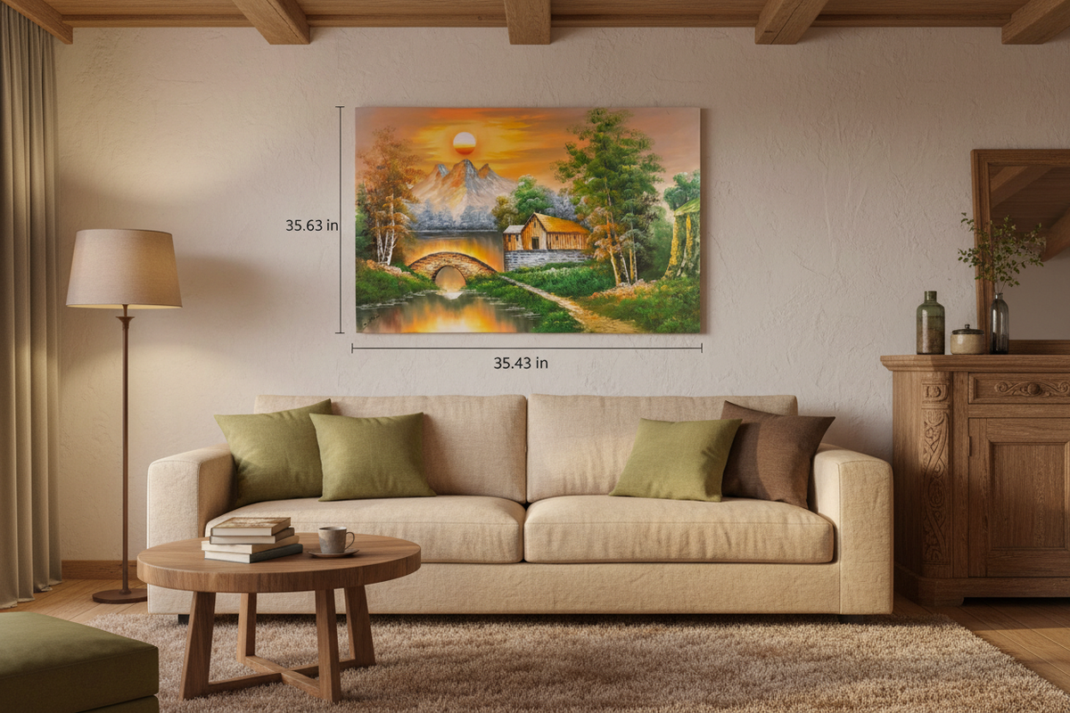 Original countryside sunset oil painting hung unframed on wall in a cozy family room at true scale 35.43 by 23.62 inches