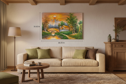 Original countryside sunset oil painting hung unframed on wall in a cozy family room at true scale 35.43 by 23.62 inches