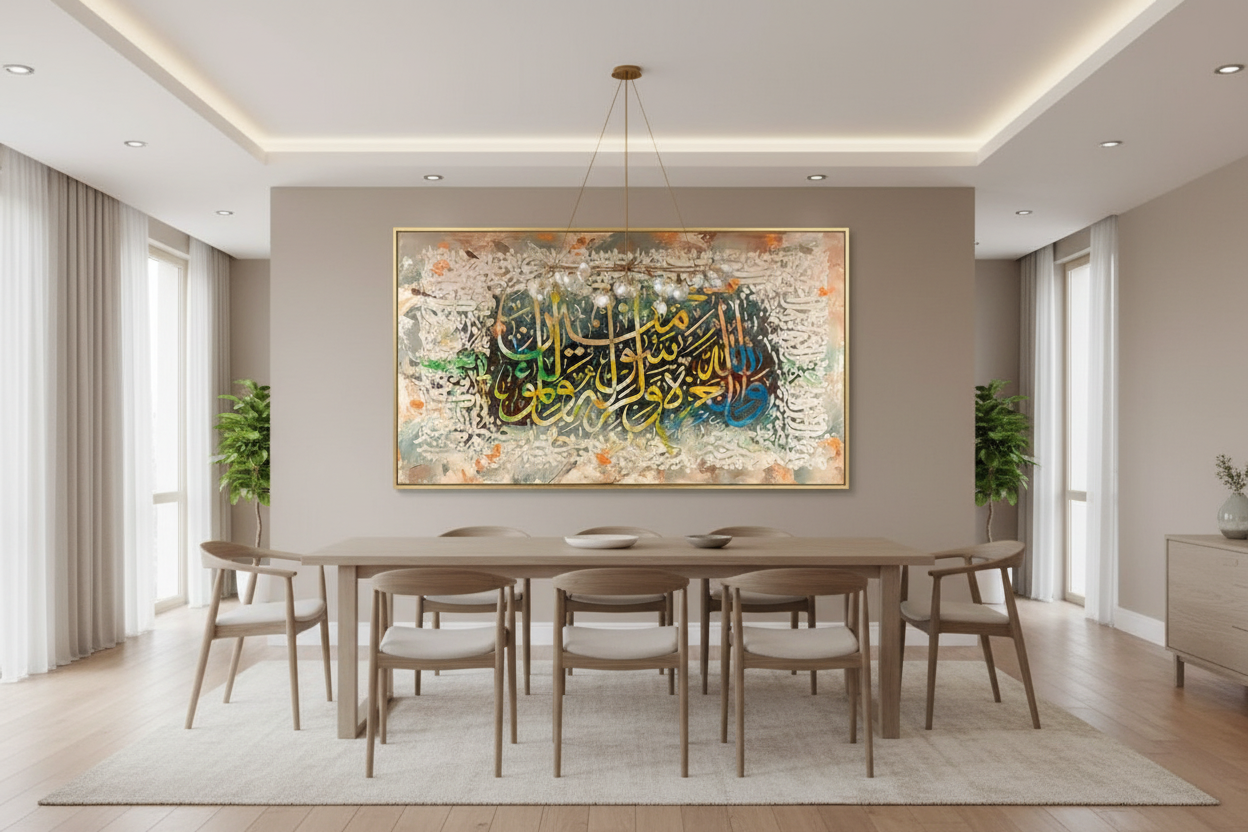 Wallahu Wa Rasuluhu arabesque lace canvas displayed in open area dining room