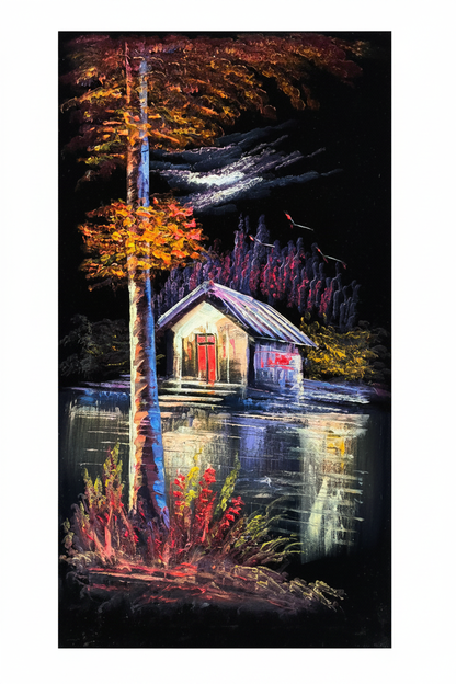 Lakeside cabin at night original oil painting on pure white background no frame