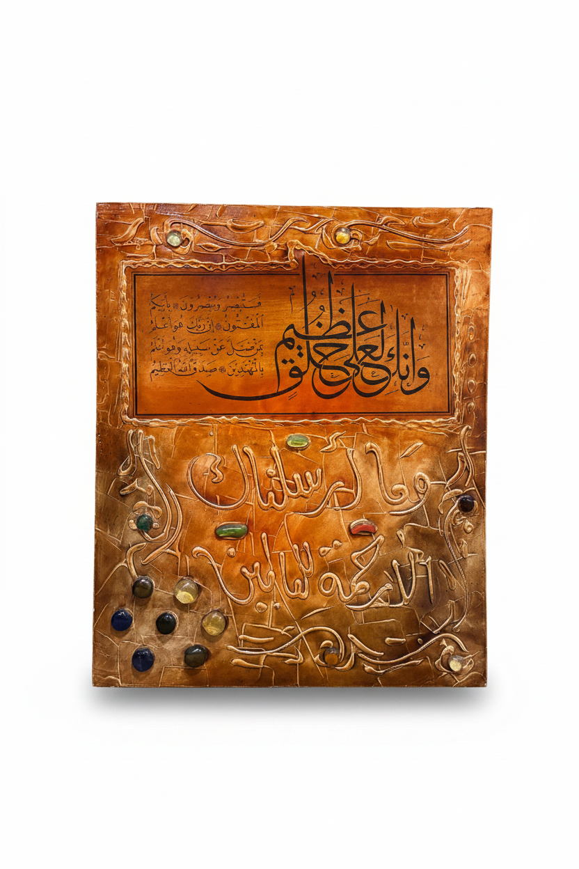 Copper amber Quranic calligraphy gemstone panel on white background with shadow – 19.69 x 23.62 inches