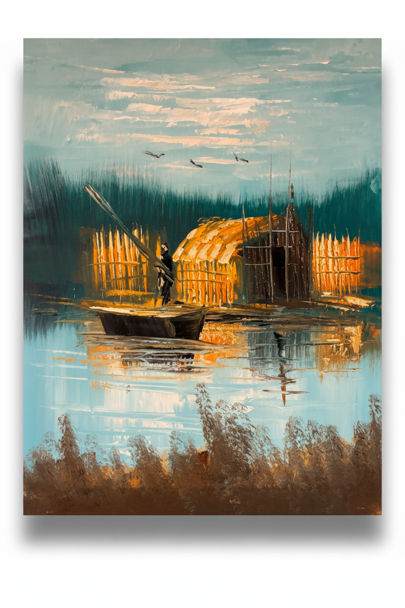 Marshland fisherman and reed hut oil painting with transparent background and soft drop shadow – no frame