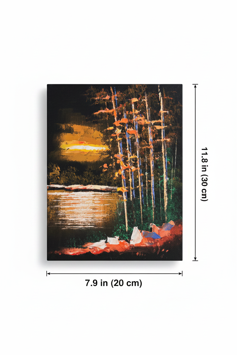 Golden sunset lakeside forest canvas art with dimensions 7.9 inches wide x 11.8 inches tall 20cm x 30cm