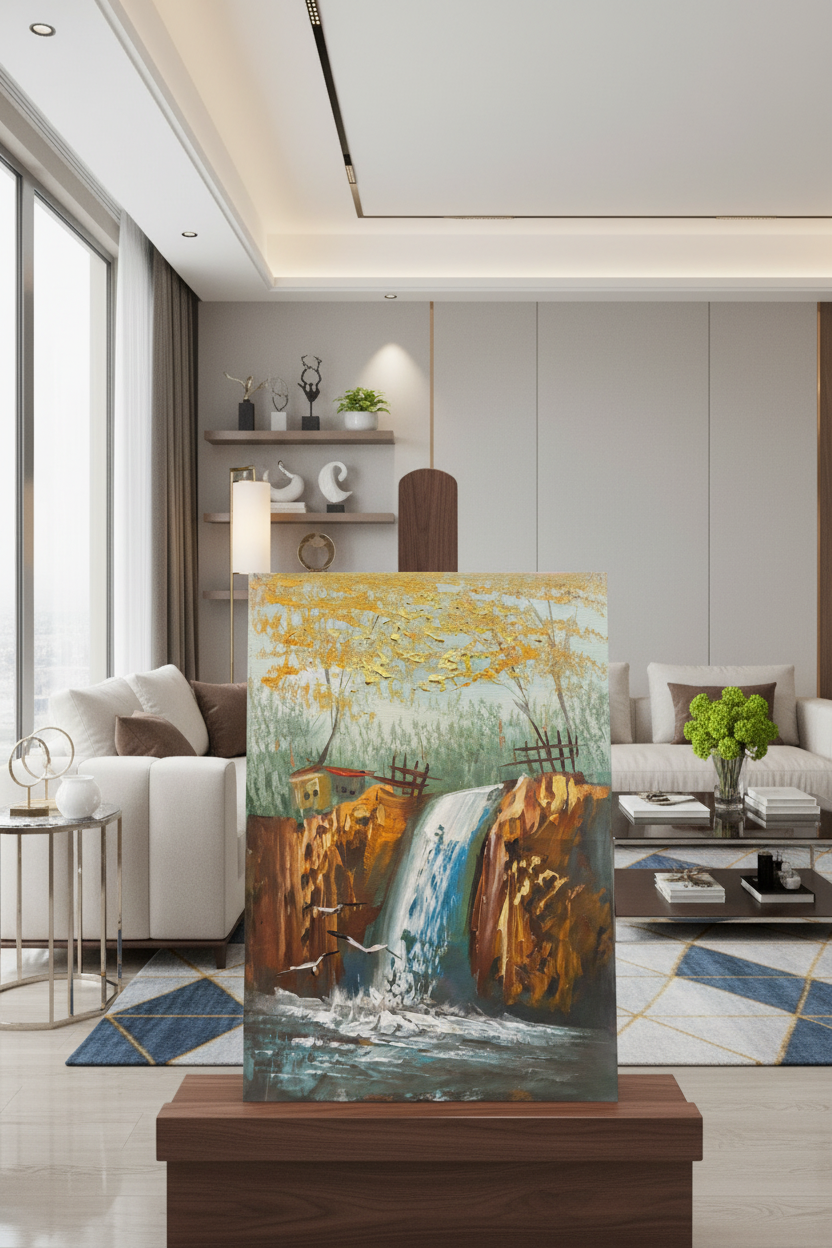 Autumn waterfall landscape oil painting on wooden art stand in modern living room – no frame