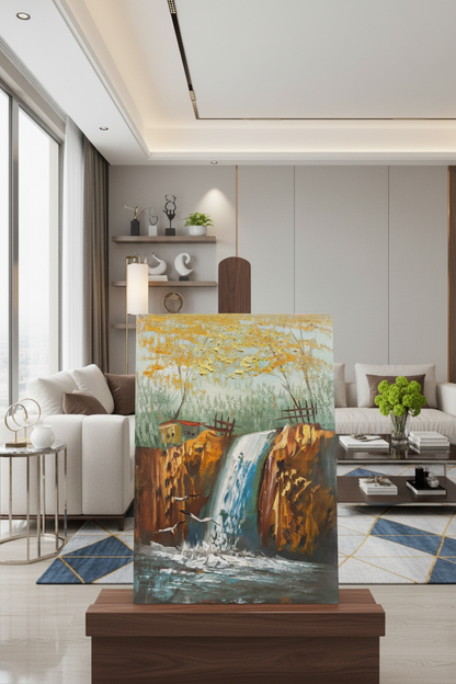 Autumn waterfall landscape oil painting on wooden art stand in modern living room – no frame