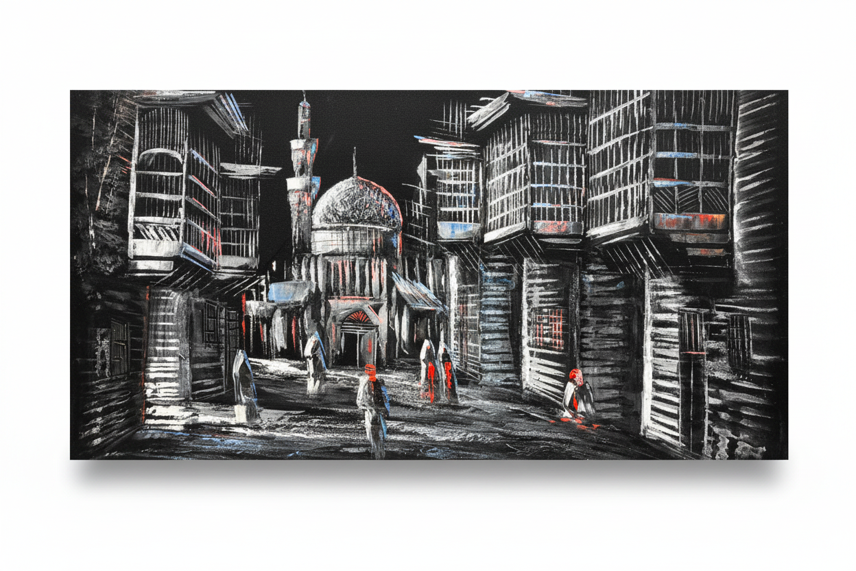 Black and white Middle Eastern bazaar night scene canvas wall art on white background with shadow – 47x24 inches