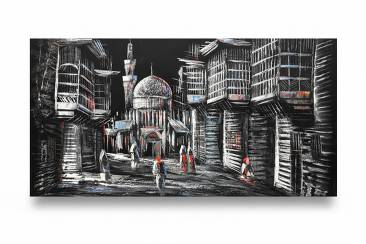 Black and white Middle Eastern bazaar night scene canvas wall art on white background with shadow – 47x24 inches