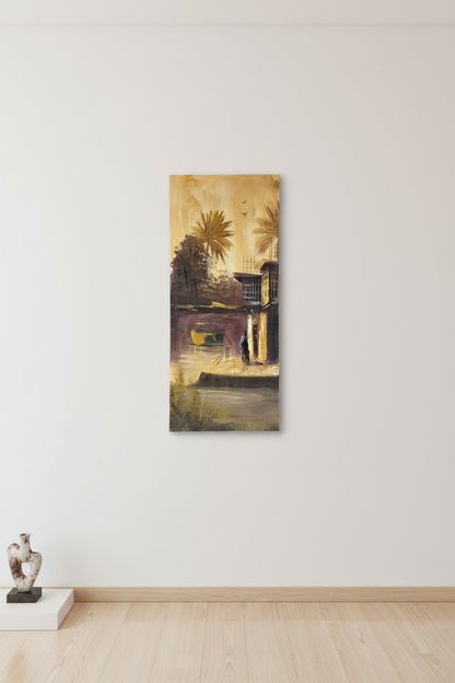 Original oil painting hung on a clean empty wall, no frame