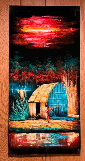 Tropical Village at Sunset — Original Oil Painting on Canvas | 11.81" × 23.62"