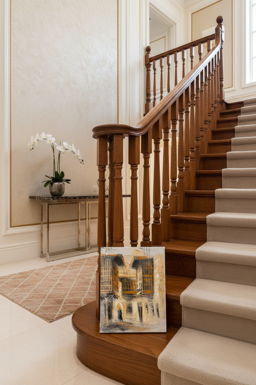 Golden balconies old town oil painting staged on luxury staircase ledge – no frame