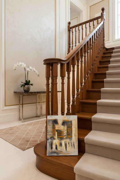 Golden balconies old town oil painting staged on luxury staircase ledge – no frame