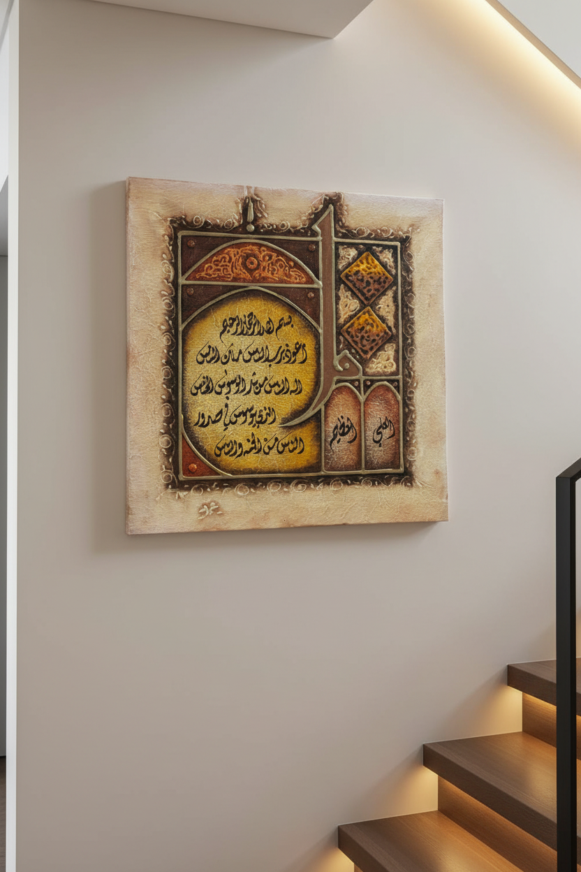 Al-Ali Al-Aleem Islamic calligraphy canvas on staircase wall – 35cm x 35cm square