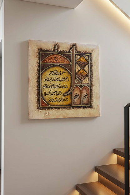 Al-Ali Al-Aleem Islamic calligraphy canvas on staircase wall – 35cm x 35cm square