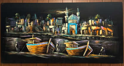 Middle Eastern harbor night scene canvas wall art – original painting with golden dhow boats, teal mosque dome, minaret, fishermen, and moonlit waterfront cityscape