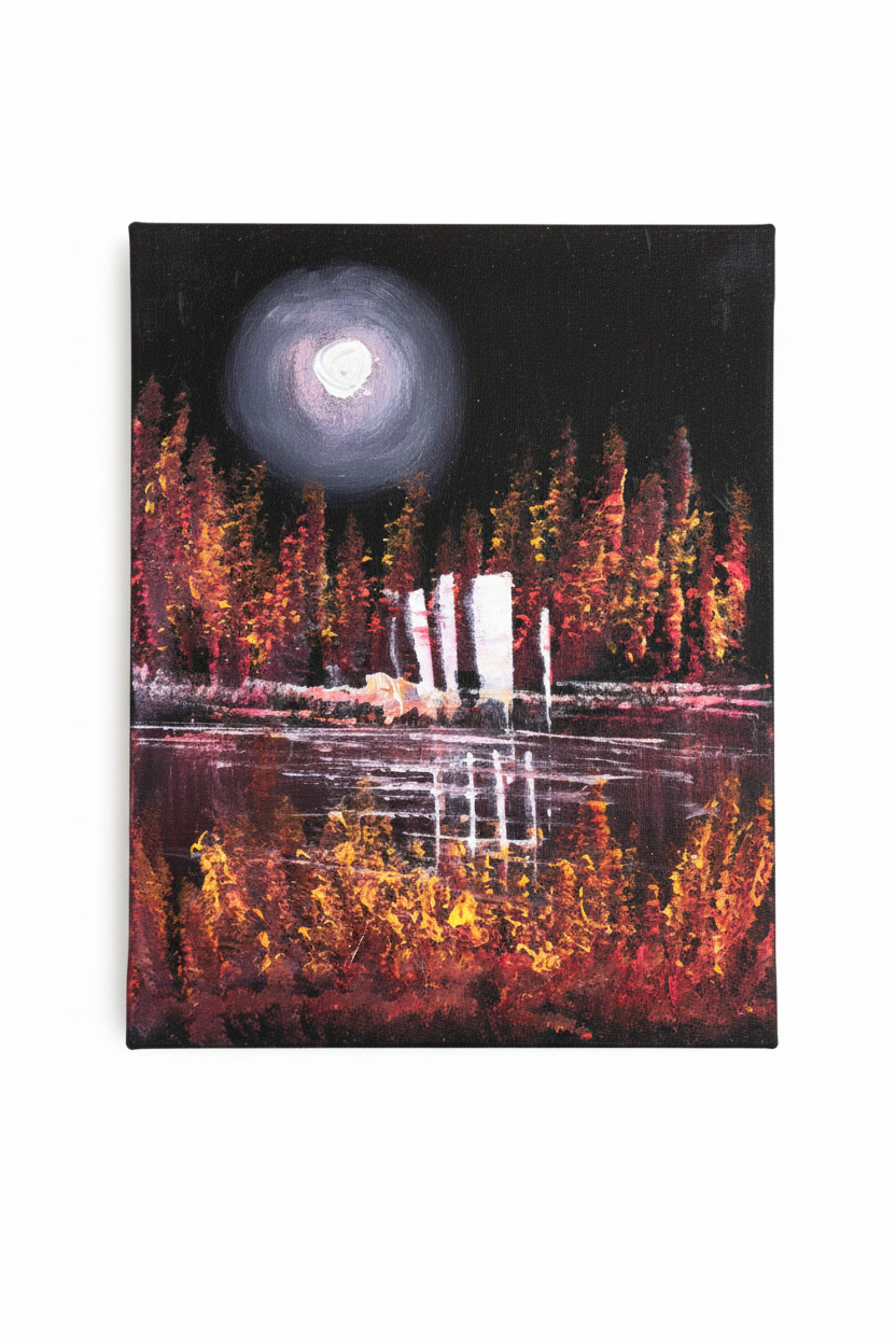 Purple moon autumn forest lakeside night nature canvas art on white background product photo