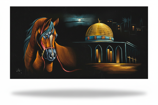 Arabian horse and Dome of the Rock night scene canvas wall art on white background with shadow – 47x24 inches