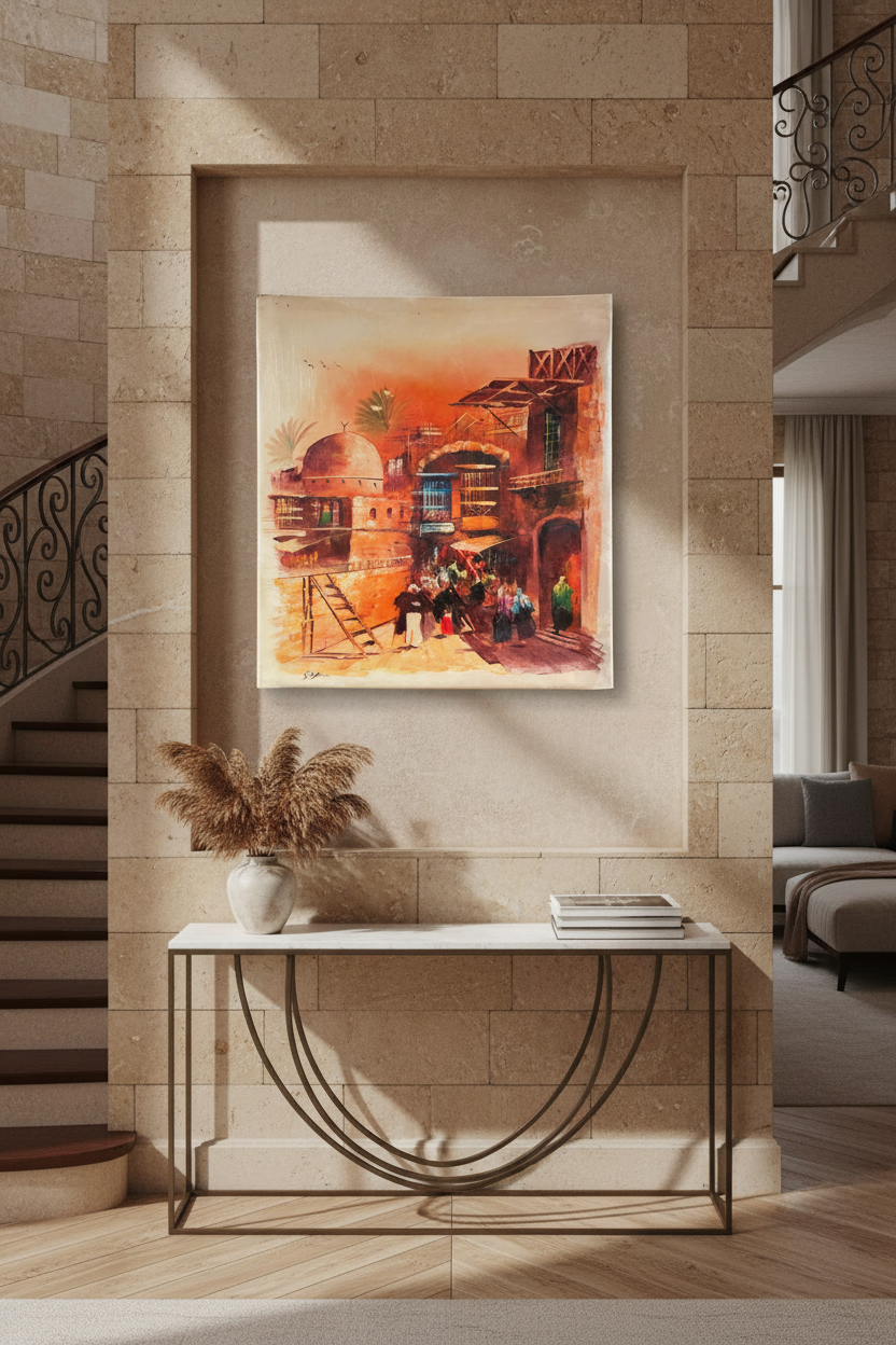 Old city street dome oil painting hung on luxury home staircase wall, no frame, lifestyle interior display