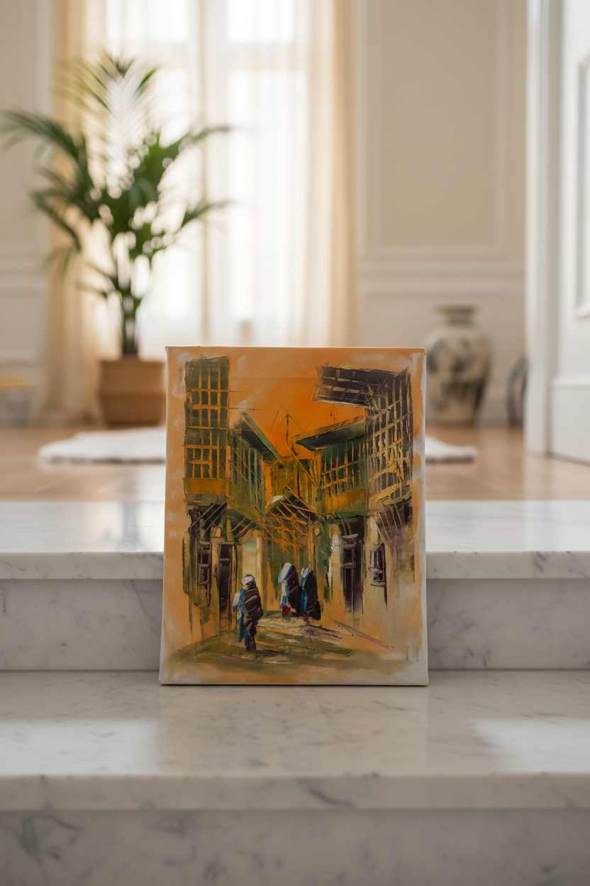 Original market street impasto oil painting leaning on marble staircase step in luxury home interior