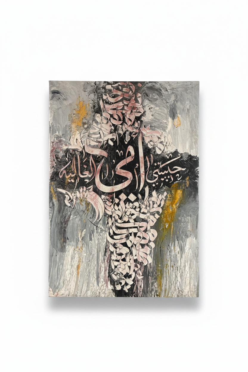Silver and rose Islamic calligraphy canvas on white background with shadow – 19.69 x 27.56 inches