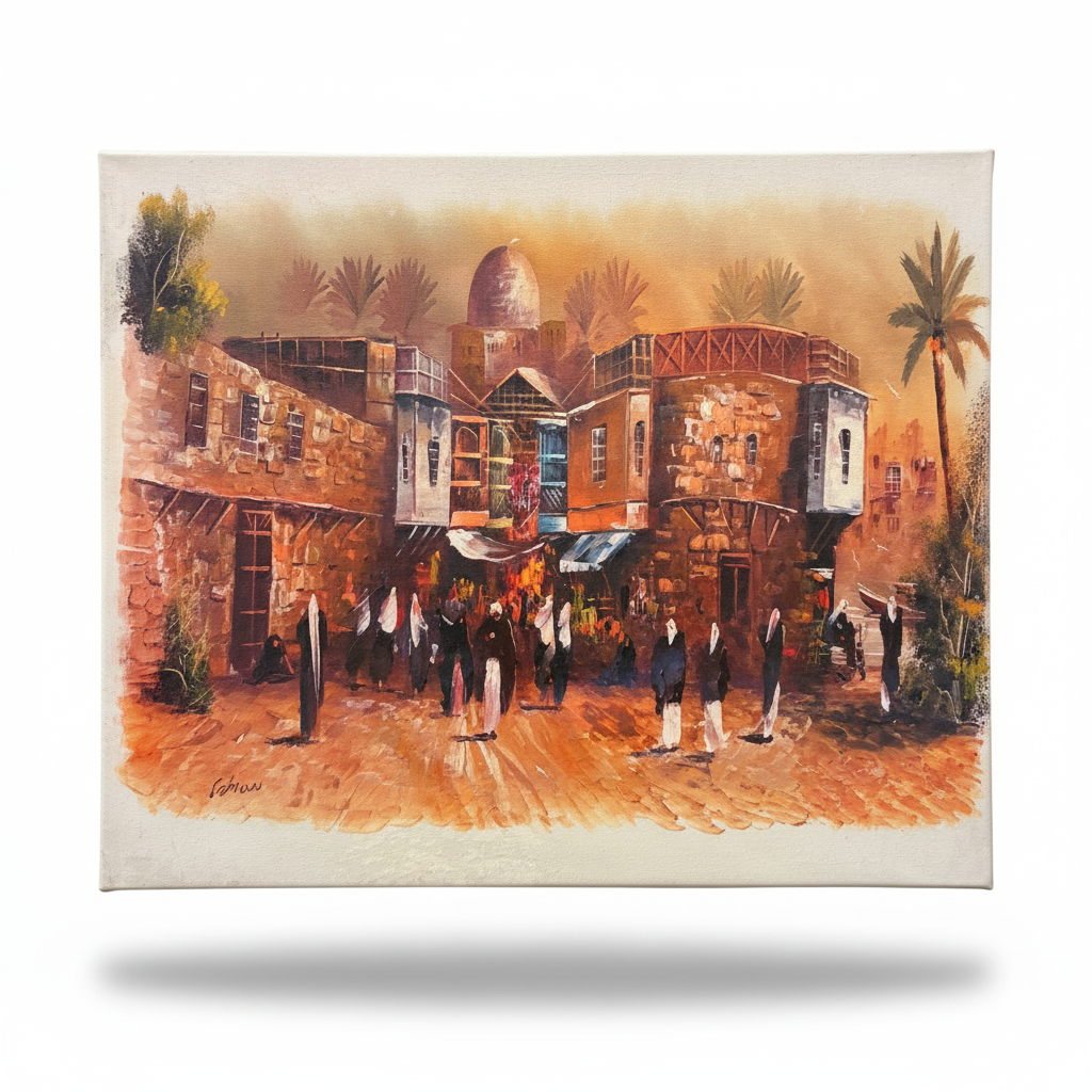 Middle Eastern bazaar oil painting isolated on transparent background with drop shadow