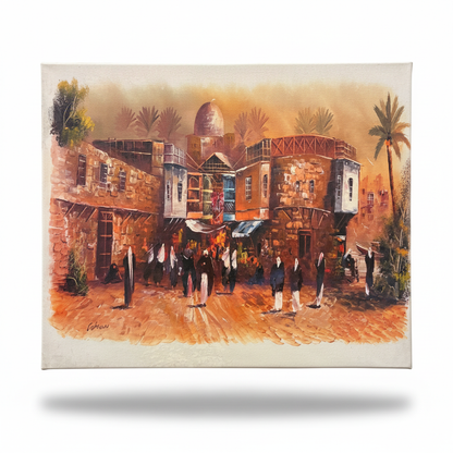 Middle Eastern bazaar oil painting isolated on transparent background with drop shadow