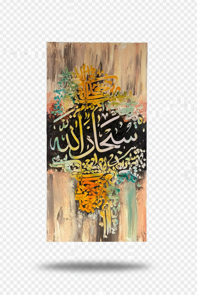 SubhanAllah multicolor Islamic calligraphy canvas art – solo product shot with drop shadow, clear background