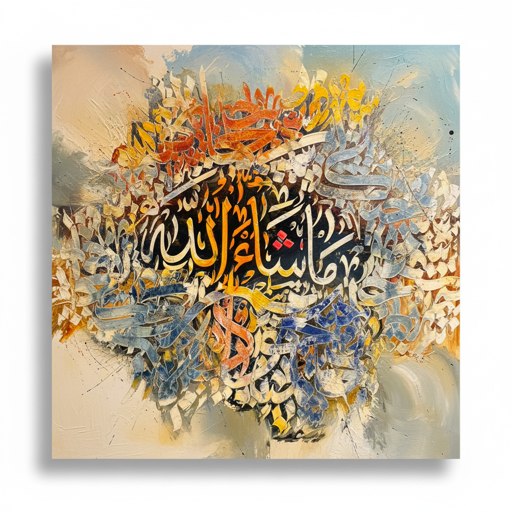 Arabic calligraphy square canvas art on white background with shadow, no frame – product shot