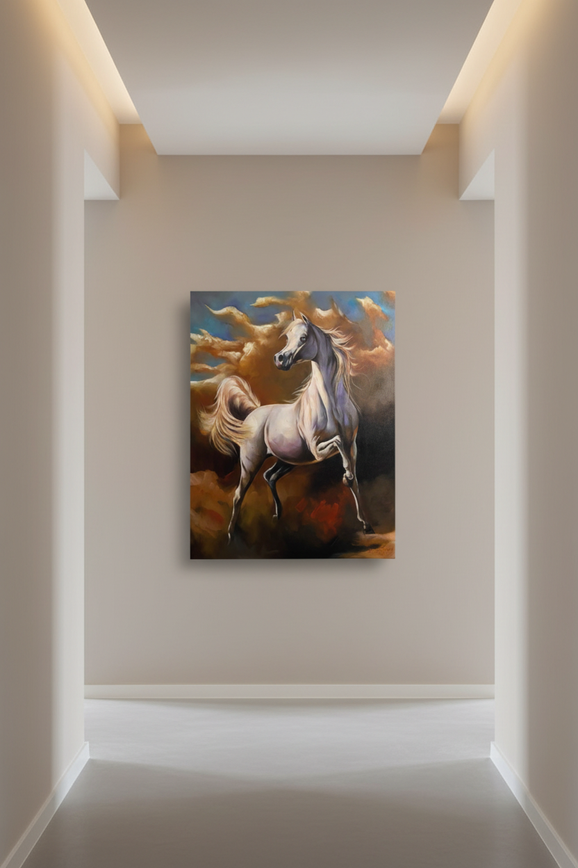 White Arabian horse rearing canvas centered on a clean empty hallway wall