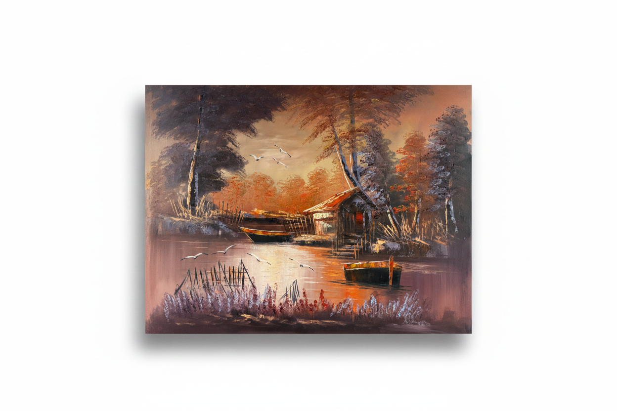 Original twilight boatyard oil painting isolated on white background with soft drop shadow — clean product shot