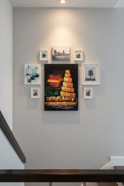 Malwiya minaret sunset canvas art displayed on staircase gallery wall in modern home lifestyle photo