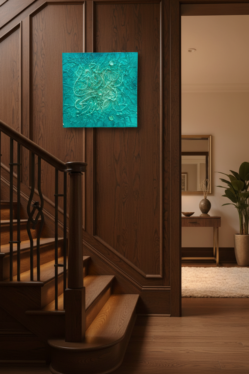 Islamic calligraphy teal turquoise wall art displayed on staircase wall