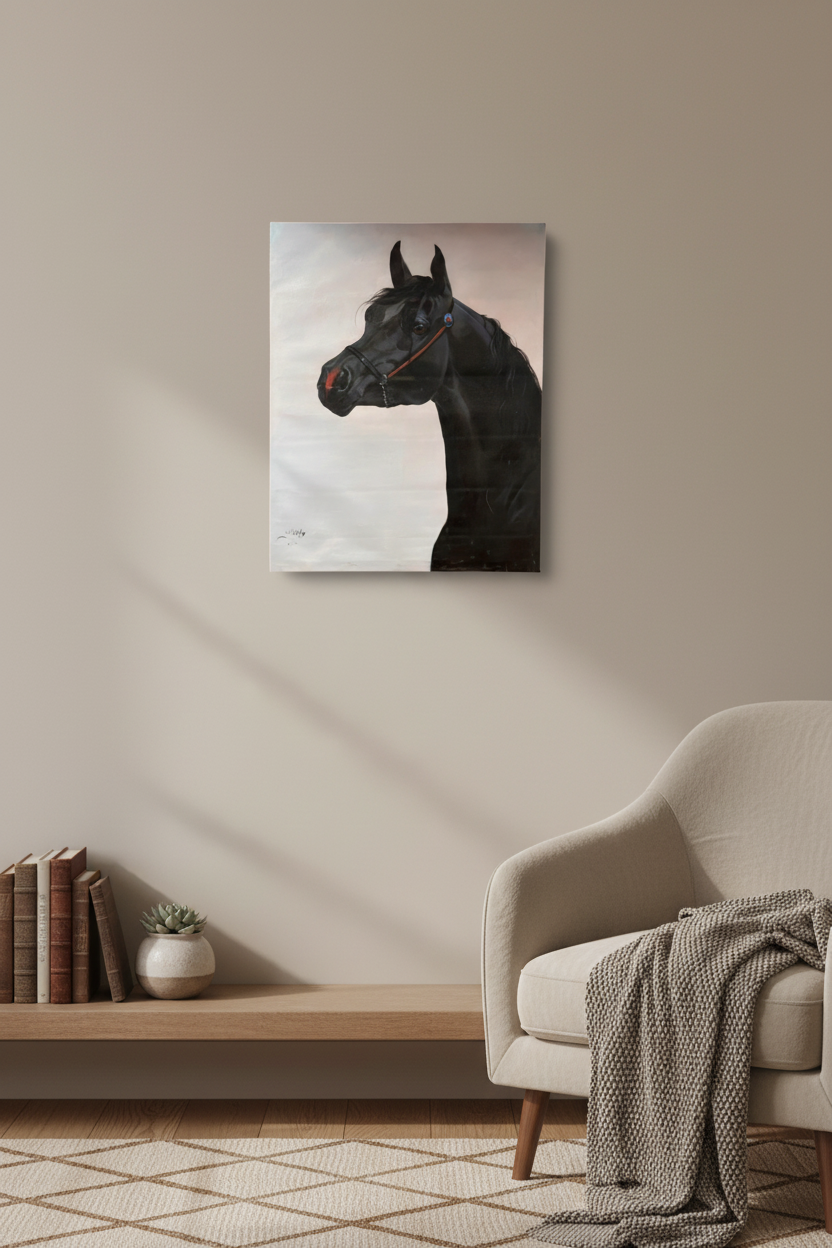 Majestic black Arabian horse portrait canvas art displayed in small cozy room lifestyle photo