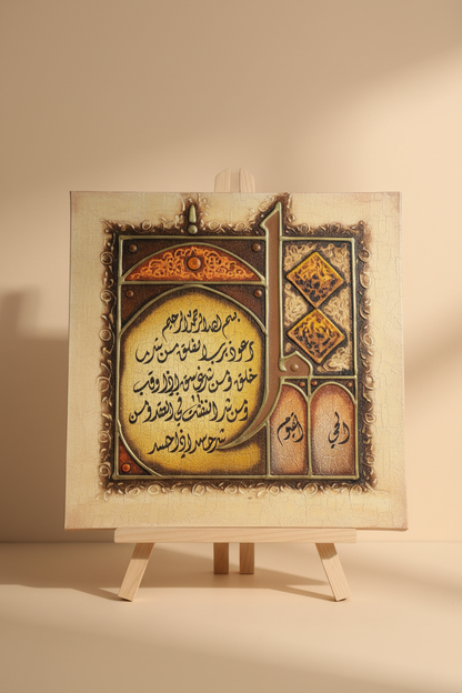 Surah Al-Falaq canvas displayed on wooden art stand