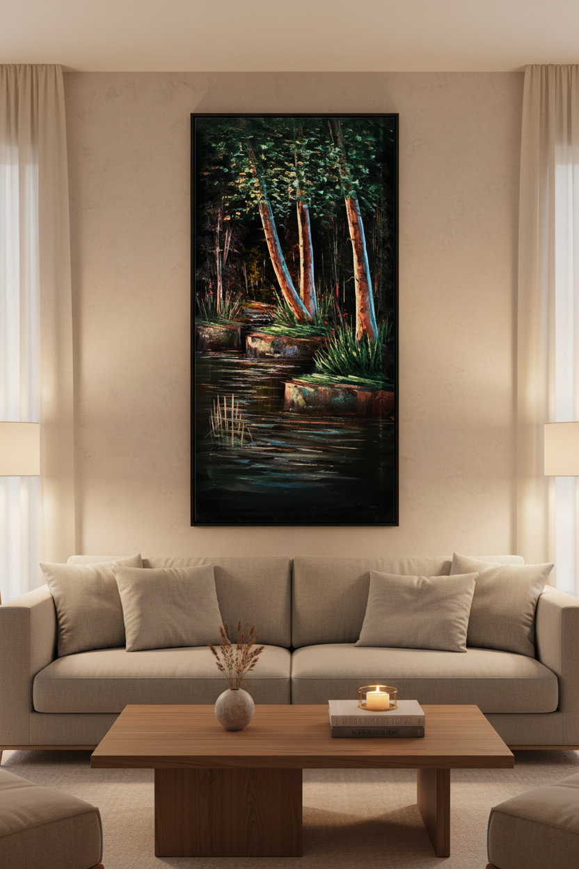 Forest pond painting displayed as statement piece in luxury living room