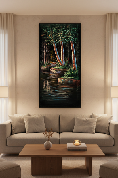 Forest pond painting displayed as statement piece in luxury living room