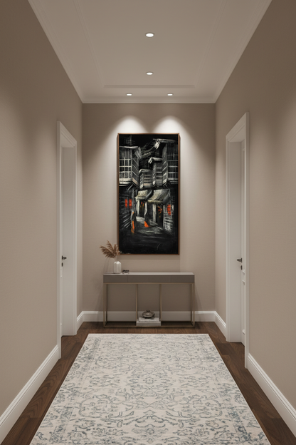 Midnight alley painting displayed in elegant hallway interior