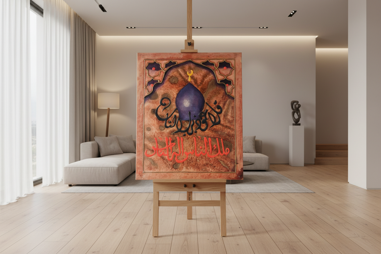 Mosque dome Islamic calligraphy copper panel displayed on easel stand in modern living room