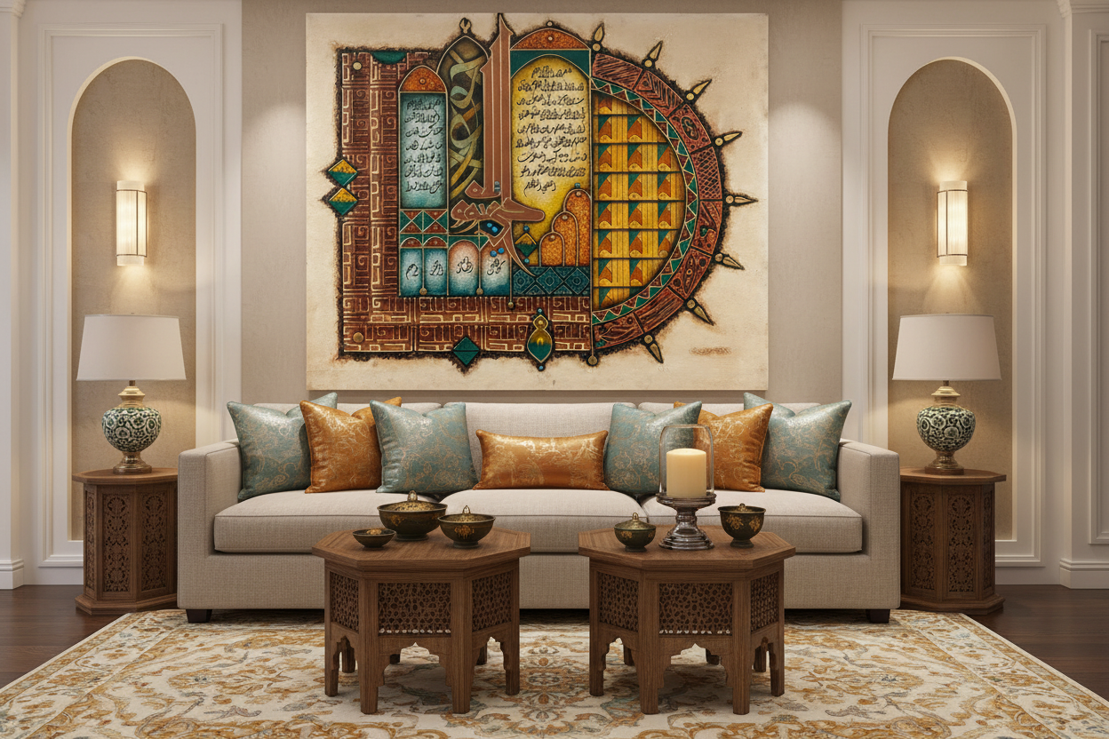 Islamic illuminated manuscript art displayed frameless in luxury living room interior