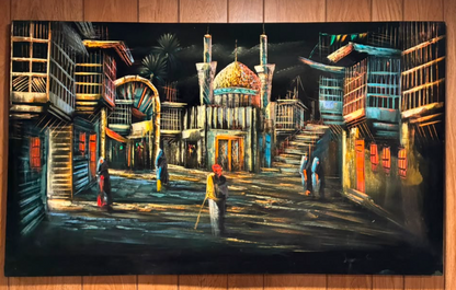 Iraqi Kadhimiya shrine bazaar night scene canvas wall art – original painting with golden Al-Kadhimiya mosque dome, twin minarets, traditional wooden buildings, colorful figures, and pennant flags