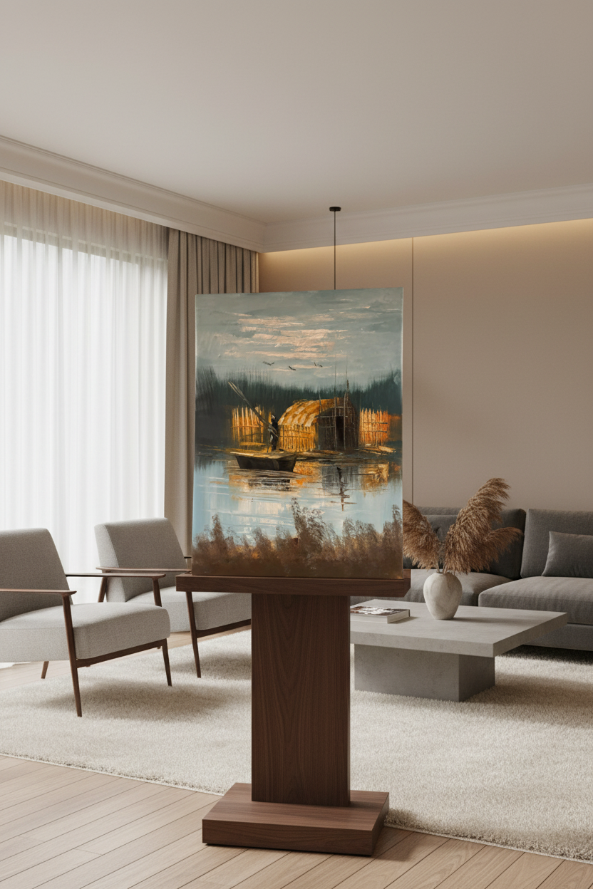 Marshland fisherman and reed hut oil painting on wooden art stand in modern living room – no frame