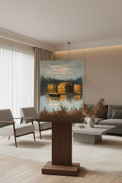 Marshland fisherman and reed hut oil painting on wooden art stand in modern living room – no frame