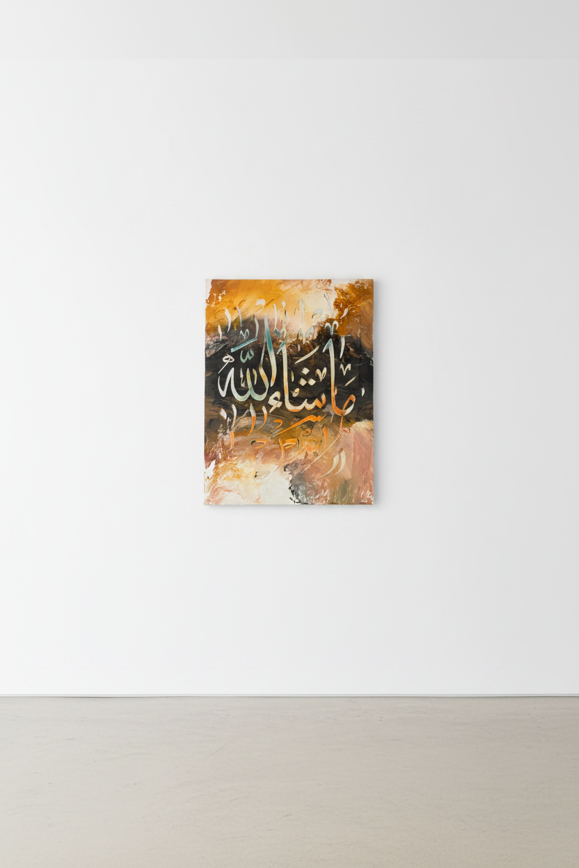 Masha'Allah amber Arabic calligraphy canvas art centered on a large empty white wall, minimal modern interior, no frame gallery wrap, gallery-style display